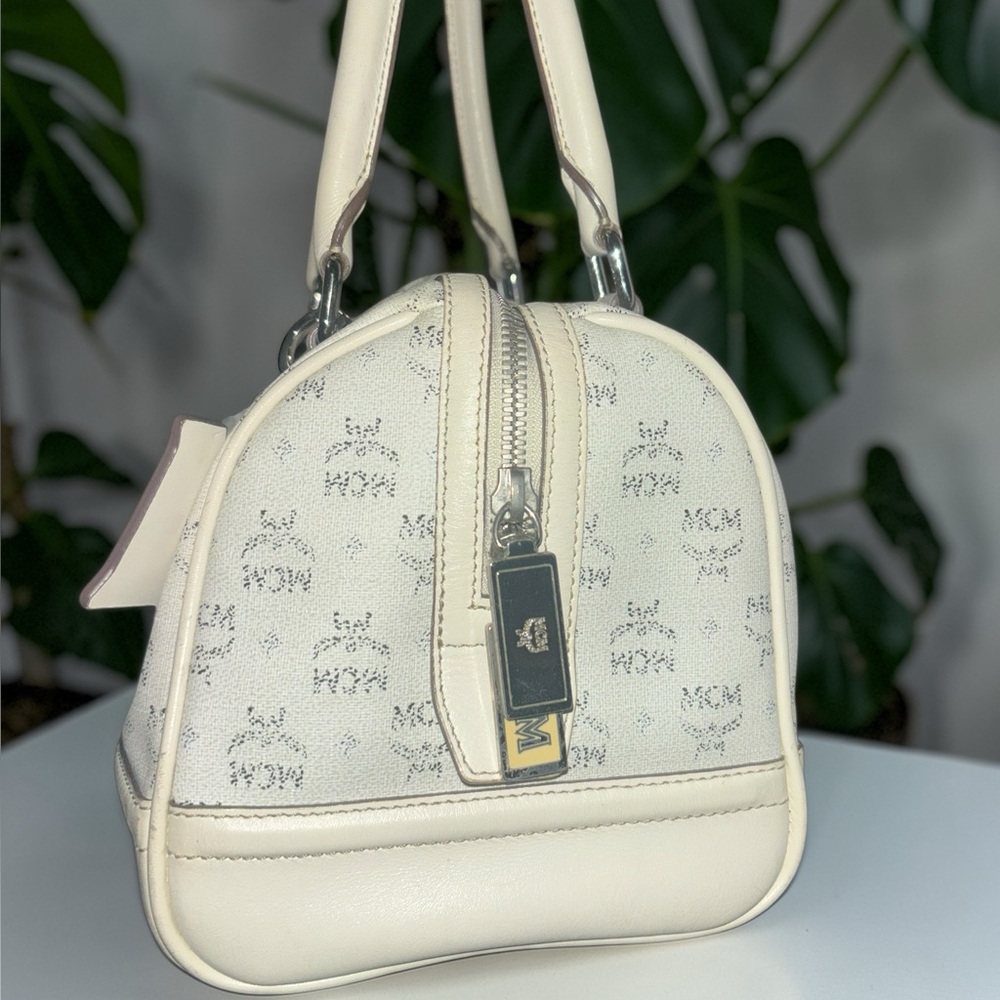MCM Cream Logo Satchel with Gold Plaque and Charm - Picture 3 of 11